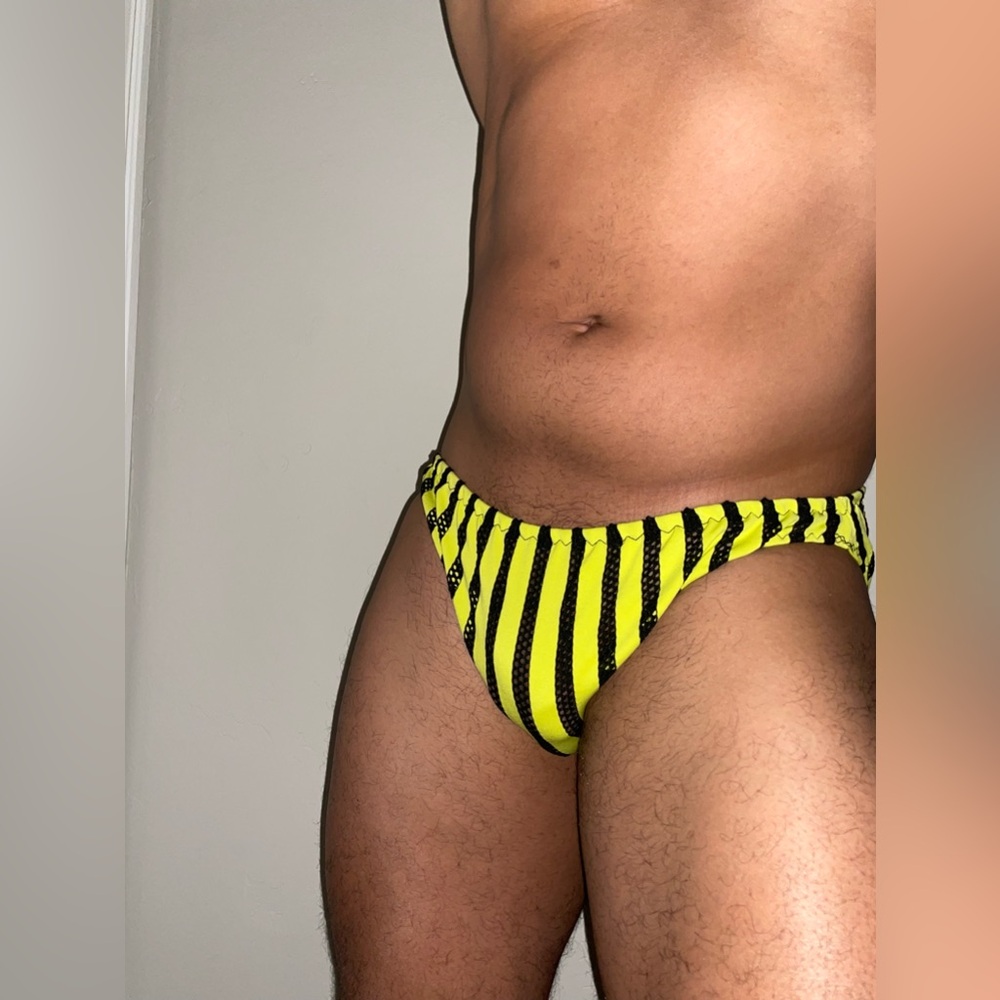 Striped Yellow and Black Men's Swim Briefs - Picture 7 of 7
